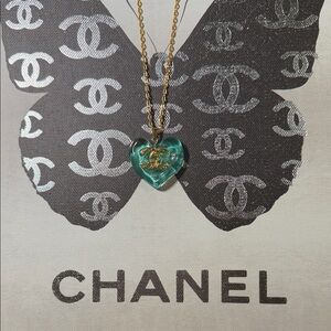 GORGEOUS Big Upcycled Chanel CC Teal and Gold Heart Charm on 18” Chain